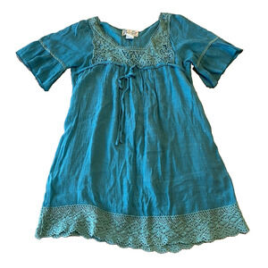Vtg Lady Noiz Womens Blouse Size Medium Blue w Lace Trim Festival Boho Tunic Top